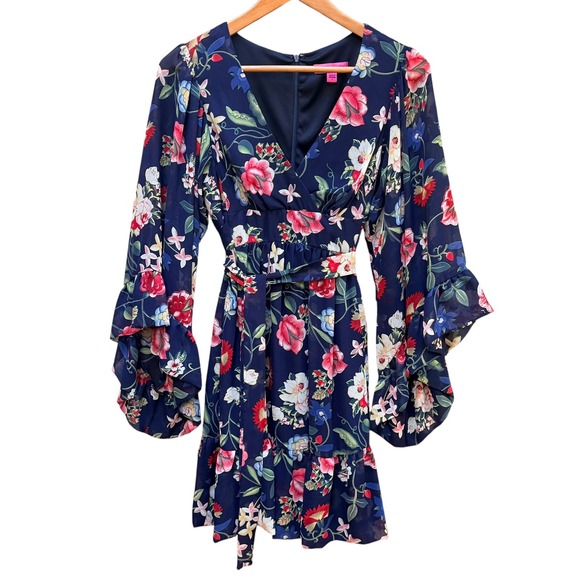 Betsy Johnson Dress Bambi Garden Floral Mini Navy Wide Bell Sleeves Babydoll 4 - Picture 2 of 9